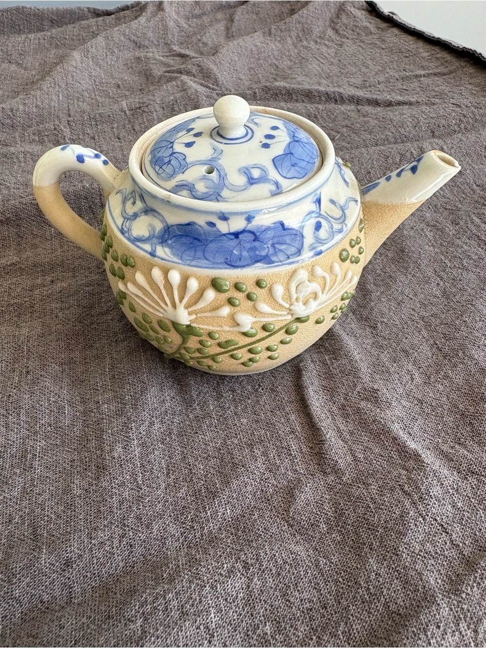 Handcrafted Ceramic Teapot in Blue, Cream & Green